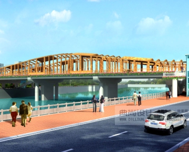 6b市桥河南岸方案二透视 桥梁效果图设计